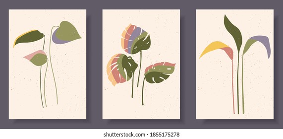 Collection of contemporary art posters in pastel colors. Abstract leaves and branch. Great minimal design for social media, postcards, print.