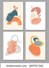 Collection of contemporary art posters in pastel colors.Abstract cut geometric elements and strokes, leaves and dots.Deisgn for social media, postcards, print.Trendy summer, autumn vector illustration