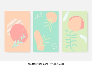 Collection of contemporary art posters in pastel colors. Botanical wall art background, green, orange, tangerine. Great design for social media, postcards, print, cover.