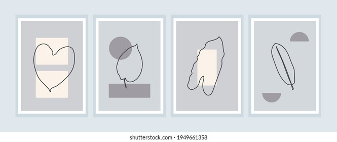 Collection of contemporary art posters in pastel colors. Abstract paper cut geometric elements and strokes, leaves and dots. Great deisgn for social media, postcards, print. Eps 10. Set Vector. 