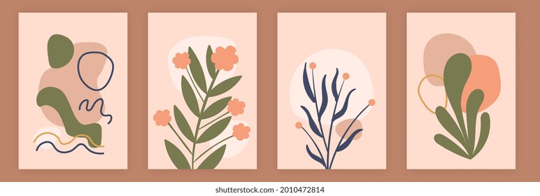 Collection of contemporary art posters in pastel colors. Tropical leaves, delicate flowers, abstract geometric shapes and social networks. Minimalistic set for decorating walls, postcards and posters