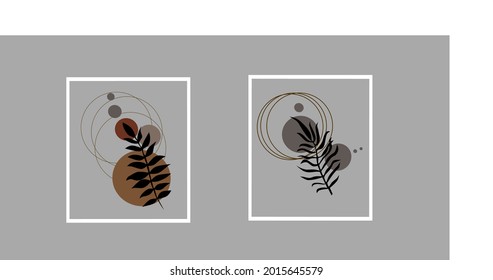 collection of contemporary art posters in pastel colors. Abstract geometric elements and strokes, decorative tree leaves, Great design for social media, postcards, prints.