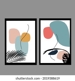 collection of contemporary art posters in pastel colors. Abstract geometric elements and strokes, decorative tree leaves, Great design for social media, postcards, prints.