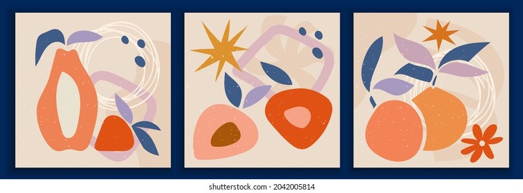 Collection of contemporary art posters in pastel colors. Abstract paper cut geometric elements, trendy doodle with fruits, leaves and berries. Great design for social media, postcards, print.