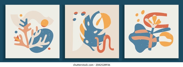 Collection of contemporary art posters in pastel colors. Abstract paper cut geometric elements and strokes, leaves and berries. Great design for social media, postcards, print.
