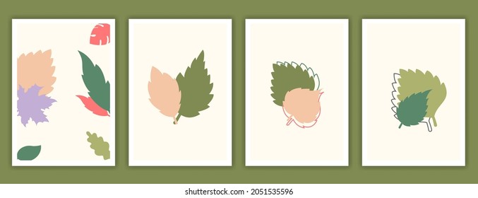 Collection of contemporary art posters in pastel colors. Abstract geometric elements and strokes, leaves and berries, olive, tangerine. Great design for social media, postcards, print.