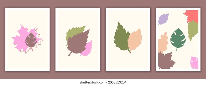 Collection of contemporary art posters in pastel colors. Abstract geometric elements and strokes, leaves and berries, olive, tangerine. Great design for social media, postcards, print.