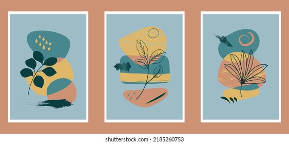 Collection of contemporary art posters in pastel colors. Abstract paper cut geometric elements and strokes, leaves and dots. Great deisgn for social media, postcards, print.