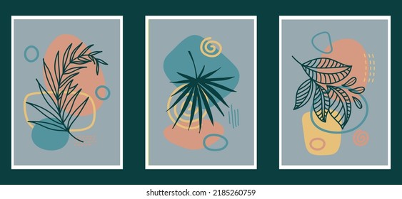 Collection of contemporary art posters in pastel colors. Abstract paper cut geometric elements and strokes, leaves and dots. Great deisgn for social media, postcards, print.