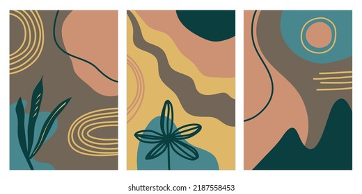 Collection of contemporary art posters in pastel colors. Abstract paper cut geometric elements and strokes, leaves and dots. Great deisgn for social media, postcards, print.