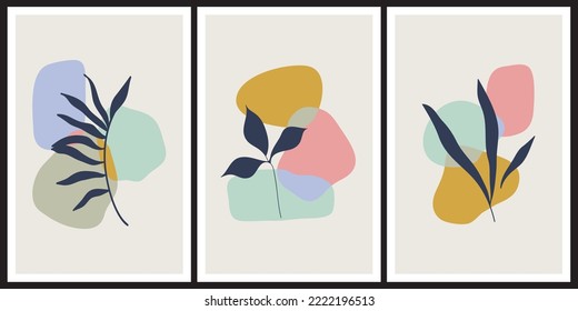 Collection of contemporary art posters in pastel colors. Abstract paper cut geometric elements and strokes, leaves and dots. Great deisgn for social media, postcards, print.