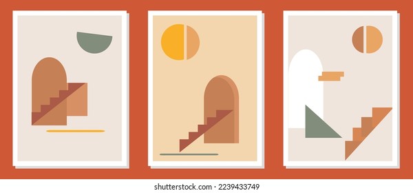 Collection of contemporary art posters in pastel colors. Abstract paper cut geometric elements, shapes and strokes. Suitable for social media, postcard, print, wall decoration, room decoration.
