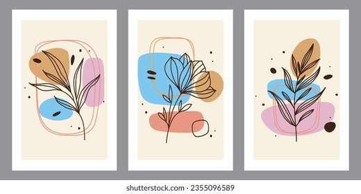 Collection of contemporary art posters in pastel colors. Abstract paper cut geometric elements and strokes, leaves and dots. Great deisgn for social media, postcards, print.