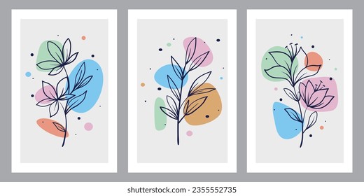 Collection of contemporary art posters in pastel colors. Abstract paper cut geometric elements and strokes, leaves and dots. Great deisgn for social media, postcards, print.