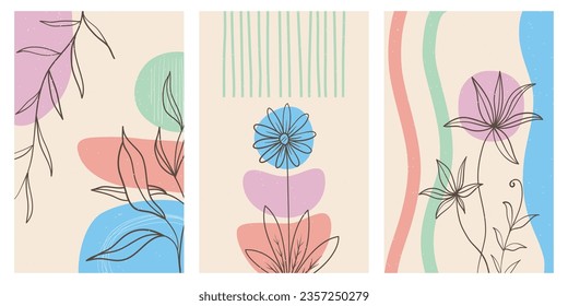 Collection of contemporary art posters in pastel colors. Abstract paper cut geometric elements and strokes, leaves and dots. Great deisgn for social media, postcards, print.