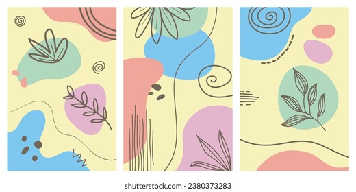 Collection of contemporary art posters in pastel colors. Abstract paper cut geometric elements and strokes, leaves and dots. Great deisgn for social media, postcards, print.