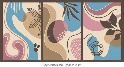 Collection of contemporary art posters in pastel colors. Abstract paper cut geometric elements and strokes, leaves and dots. Great deisgn for social media, postcards, print.