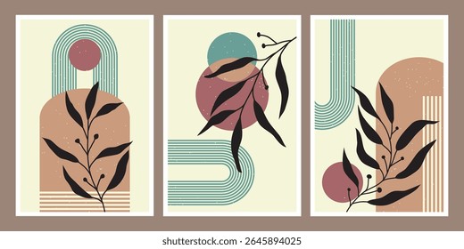 Collection of contemporary art posters in pastel colors. Abstract paper cut geometric elements and strokes, leaves and dots. Great design for social media, postcards, print.