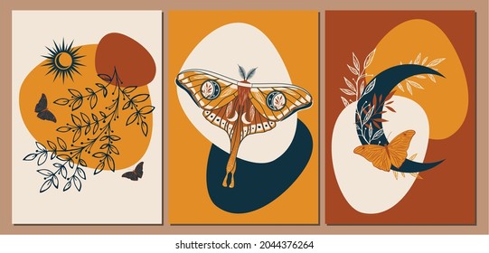 Collection of contemporary art posters in retro colors. Abstract geometric elements and strokes, leaves and butterflies. Great design for social media, postcards, print.