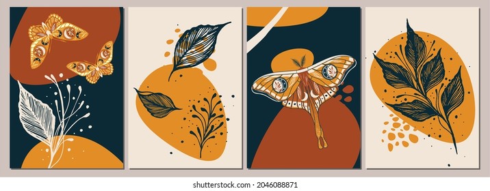 Collection of contemporary art posters in retro colors. Abstract geometric elements and strokes, leaves and butterflies. Great design for social media, postcards, print.