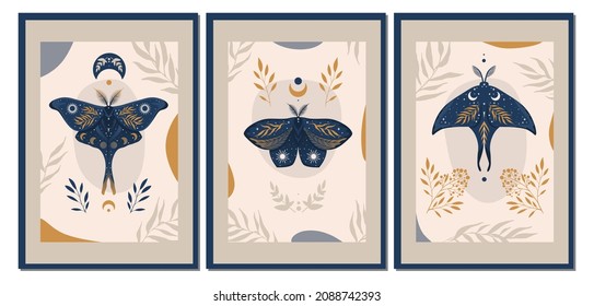 Collection of contemporary art posters in retro colors. Abstract geometric elements and strokes, leaves and butterflies. Great design for social media, postcards, print.