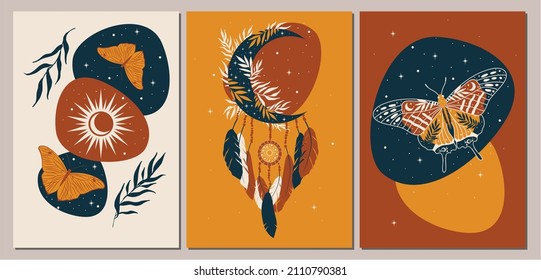 Collection of contemporary art posters in retro colors. Abstract geometric elements and strokes, leaves and butterflies. Great design for social media, postcards, print.