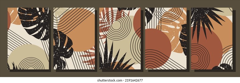 Collection of contemporary art posters in retro colors. Abstract geometric elements and tropical leaves. Great design for social media, postcards, print.