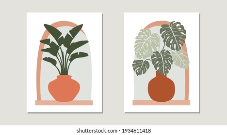 Collection of contemporary art posters with tropical leaves. Monstera and Palm potted plants behind the arch window. Abstract modern pottery aesthetic illustrations. 