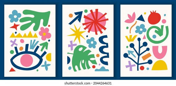 Collection of contemporary art posters in vibrant colors. Abstract trendy geometric elements and organic and paper cut shapes, doodle objects. Great design for social media, postcards, print.