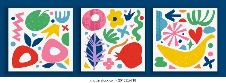 Collection of contemporary art posters in vibrant colors. Abstract trendy geometric elements and organic and paper cut shapes, doodle objects. Great design for social media, postcards, print.