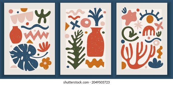 Collection of contemporary art posters in vibrant colors. Abstract trendy geometric elements and organic and paper cut shapes, doodle objects. Great design for social media, postcards, print.