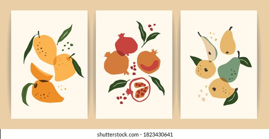 Collection of contemporary art prints. Abstract fruits. Mango, pomegranate and pear. Modern design for posters, cards, packaging and more