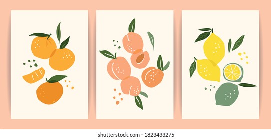 Collection Of Contemporary Art Prints. Abstract Fruits. Oranges, Pears And Lemons. Modern Design For Posters, Cards, Packaging And More