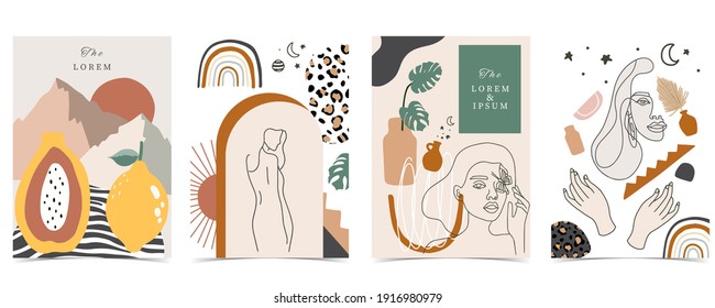 Colección de fondo contemporáneo con mujer, forma, arco iris.Ilustración vectorial editable para sitio web, invitación, postal y afiche