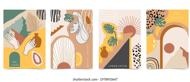 Collection of contemporary background set with woman,shape,rainbow.Editable vector illustration for website, invitation,postcard and poster