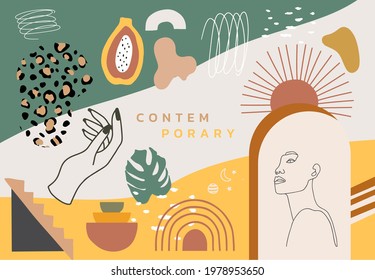 Collection of contemporary background set with woman,shape,rainbow.Editable vector illustration for website, invitation,postcard and poster