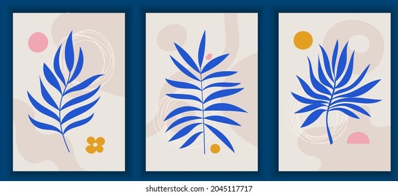 Collection of contemporary colourful posters. Elegant tree leaf. Abstract art geometric elements and strokes, leaves. Great design for social media post, stories, postcards, print.