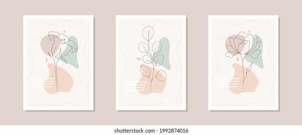 Collection of contemporary flower posters. Hand drawn abstract botanical elements. Minimal interior design and natural wall art. Modern vector illustration.