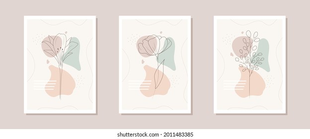 Sammlung zeitgenössischer Blumenplakate. Handgezeichnete abstrakte botanische Elemente. Minimale Innenausstattung und natürliche Wandkunst. Moderne Vektorgrafik.