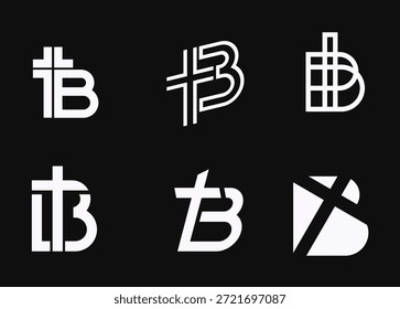 Una colección de logotipos geométricos contemporáneos que presentan la letra B combinada con una cruz o un símbolo T, ideal para una marca moderna y un diseño identitario.