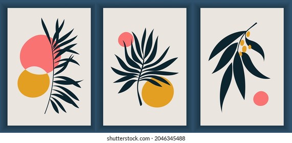 Collection of contemporary monochrome art posters. Abstract geometric elements and strokes, leaves and berries. Elegant black and white posters. Great design for social media, postcards, print.