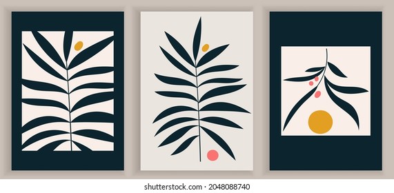 Collection of contemporary monochrome art posters. Abstract geometric elements and strokes, leaves and berries. Elegant black and white posters. Great design for social media, postcards, print.