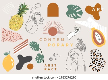 Collection of contemporary object set with woman,shape,rainbow.Editable vector illustration for website, invitation,postcard and poster