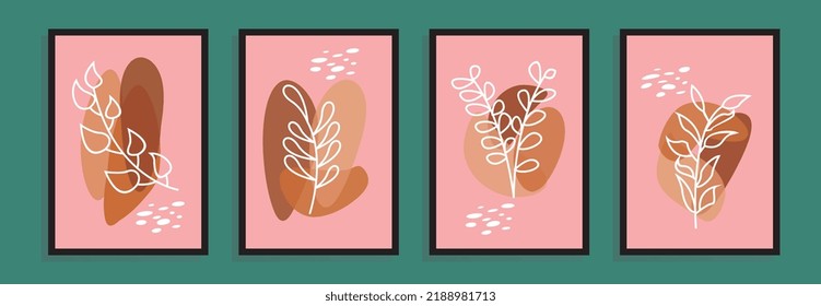 Collection contemporary one line art. Abstract paper cut geometric elements and strokes, leaves and dots for print, cover, wallpaper, Minimal and natural wall art, social media, postcards, print.