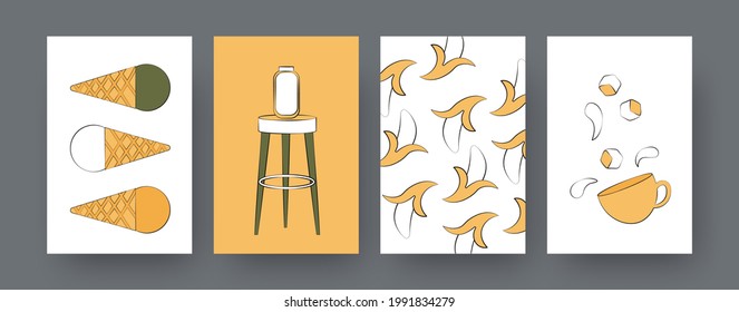 Collection of contemporary posters with bananas and ice cream. Coffee or tea, donuts, ice cream cartoon vector illustrations. Street food, catering concept for designs, social media, postcards