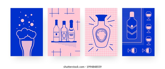 Collection of contemporary posters with beer and wine. Glass of beer, bottles and wineglasses vector illustrations in creative style. Alcohol, bar concept for designs, social media, invitation cards