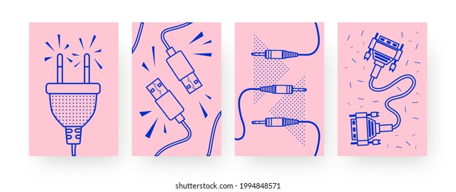 Collection of contemporary posters with different cables. Plug, USB-cable vector illustrations in creative style. Technology, electricity concept for designs, social media, postcards, invitation cards