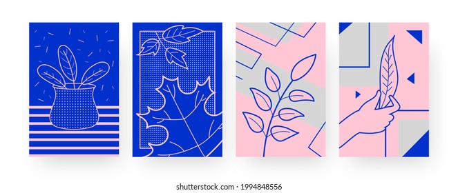 Collection of contemporary posters with dry leaves. Hand holding leaf, leaves in vase vector illustrations in creative style. Autumn concept for designs, social media, postcards, invitation cards