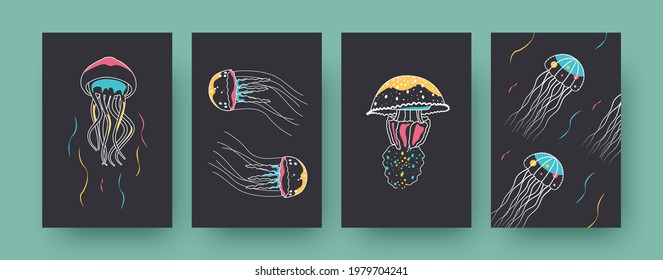 Collection of contemporary posters with jellyfishes. Medusas swimming underwater pastel vector illustrations. Aquarium, wildlife concept for designs, social media, postcards, invitation cards