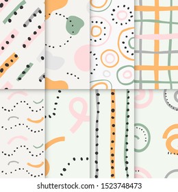 Collection of contemporary vector modern abstract art background. Colorful line strokes and dots abstraction, trendy flat hand drawn illustration, seamless repeat pattern decoration.